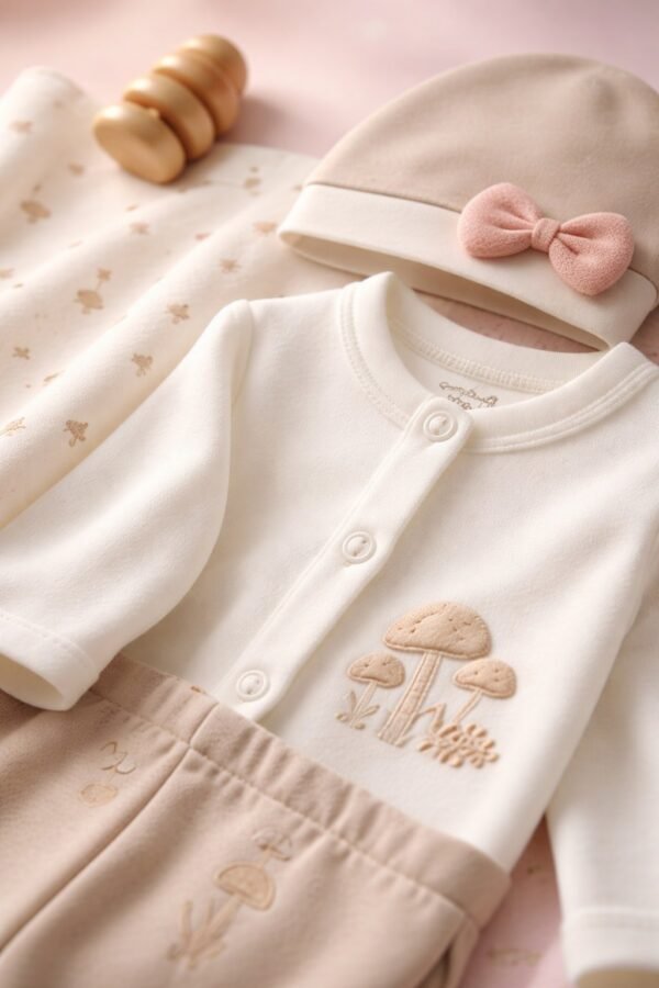 Kız Bebek için önden çıtçıtlı baskılı mantar desenli şapkalı zıbın seti, 0-3 ay, krem-vizon renkli, rahat ve dayanıklı - Gorsel 3