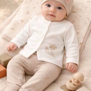 Kız Bebek Önden Çıtçıtlı Mantarlı Baskılı Fiyonklu Şapkalı Zıbın Seti