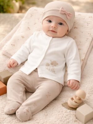 Kız Bebek için önden çıtçıtlı baskılı mantar desenli şapkalı zıbın seti, 0-3 ay, krem-vizon renkli, rahat ve dayanıklı