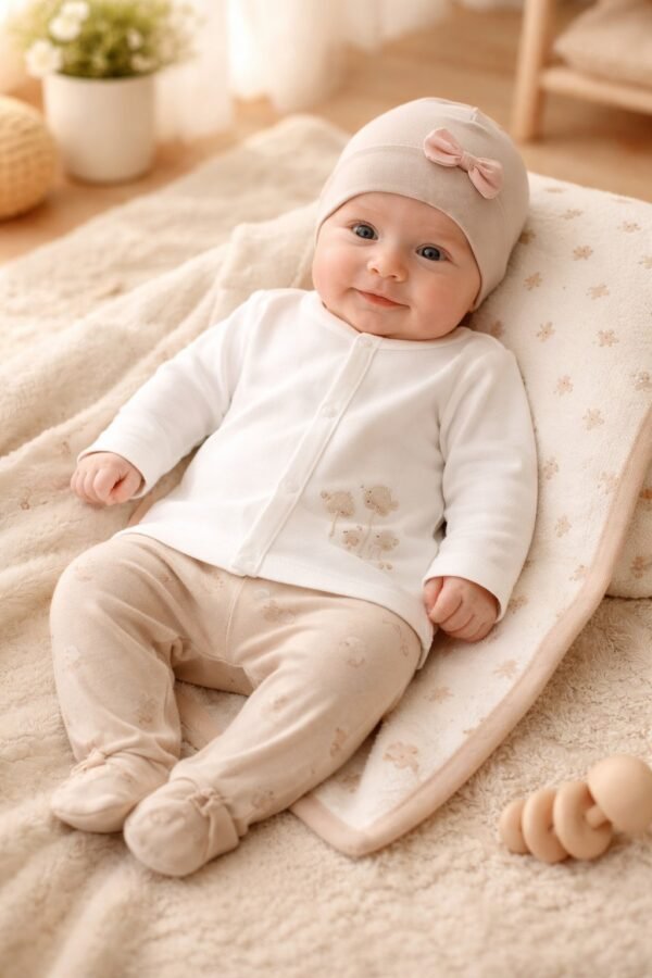 Kız Bebek için önden çıtçıtlı baskılı mantar desenli şapkalı zıbın seti, 0-3 ay, krem-vizon renkli, rahat ve dayanıklı - Gorsel 2