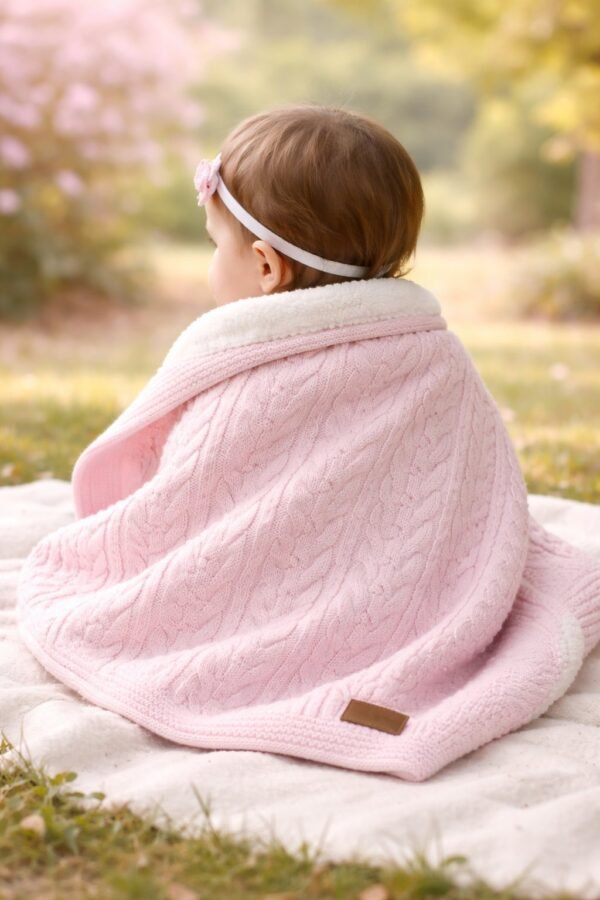 Kız Bebek Örgü Detaylı İç Kısmı Welsoft Pembe Battaniye yumuşak ve sıcak iç yapı ile - Gorsel 4