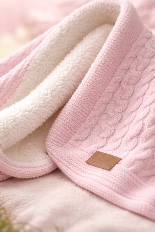 Kız Bebek Örgü Detaylı İç Kısmı Welsoft Pembe Battaniye yumuşak ve sıcak iç yapı ile - Gorsel 3