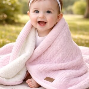 Kız Bebek Örgü Detaylı İç Kısmı Welsoft Pembe Battaniye