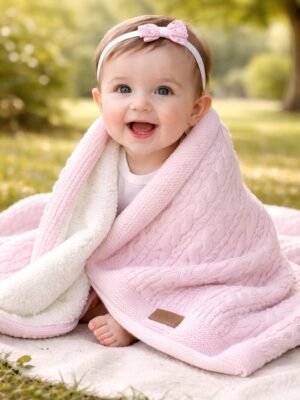 Kız Bebek Örgü Detaylı İç Kısmı Welsoft Pembe Battaniye yumuşak ve sıcak iç yapı ile