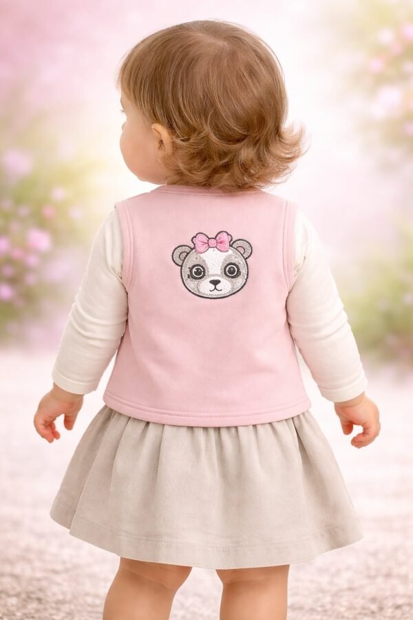 Kız Bebek Panda Kafa Baskılı Ahşap Düğmeli Pembe Yelek, Bebek Giyim, Renkli ve Rahat - Gorsel 4