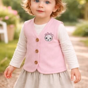 Kız Bebek Panda Kafa Baskılı Ahşap Düğmeli Pembe Yelek, Bebek Giyim, Renkli ve Rahat