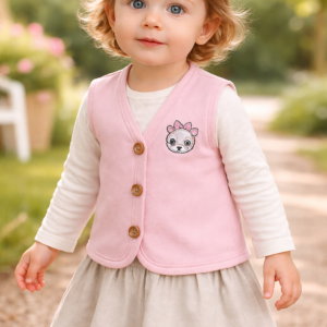 Kız Bebek Panda Kafa Baskılı Ahşap Düğmeli Pembe Yelek, Bebek Giyim, Renkli ve Rahat