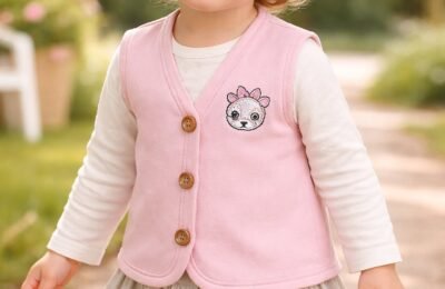 Kız Bebek Panda Kafa Baskılı Ahşap Düğmeli Pembe Yelek, Bebek Giyim, Renkli ve Rahat