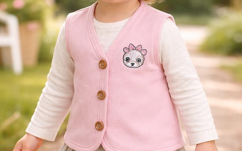 Kız Bebek Panda Kafa Baskılı Ahşap Düğmeli Pembe Yelek, Bebek Giyim, Renkli ve Rahat
