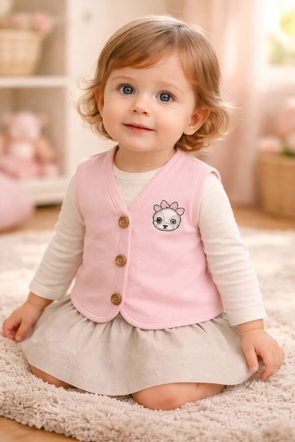 Kız Bebek Panda Kafa Baskılı Ahşap Düğmeli Pembe Yelek, Bebek Giyim, Renkli ve Rahat - Gorsel 2