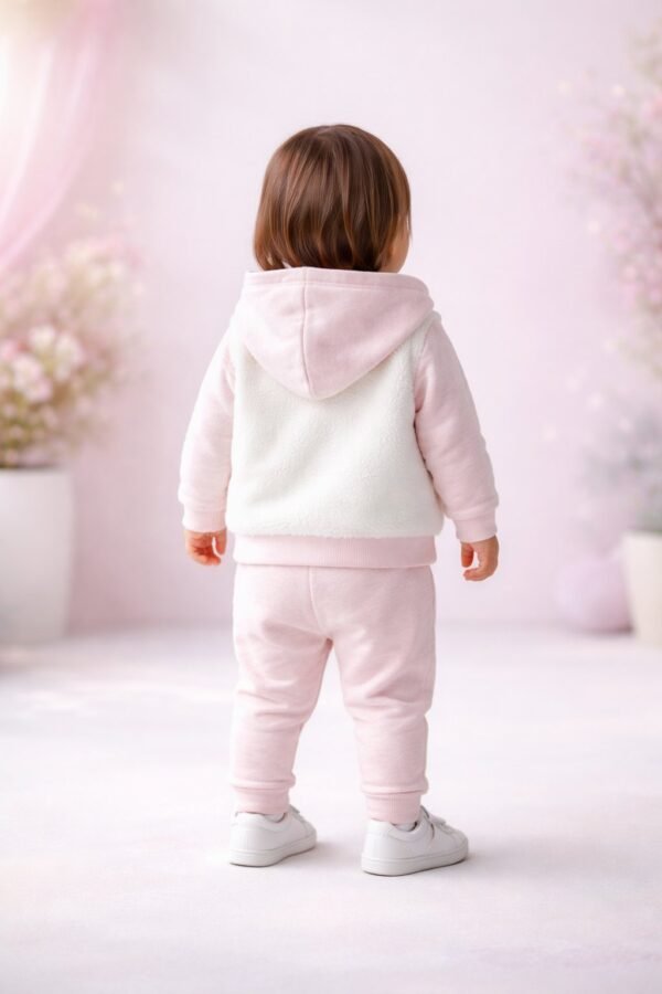 Kız Bebek Peluş Takım Kapşonlu Hırka ve Sweat Pantolon Pembe Renkli - Gorsel 4
