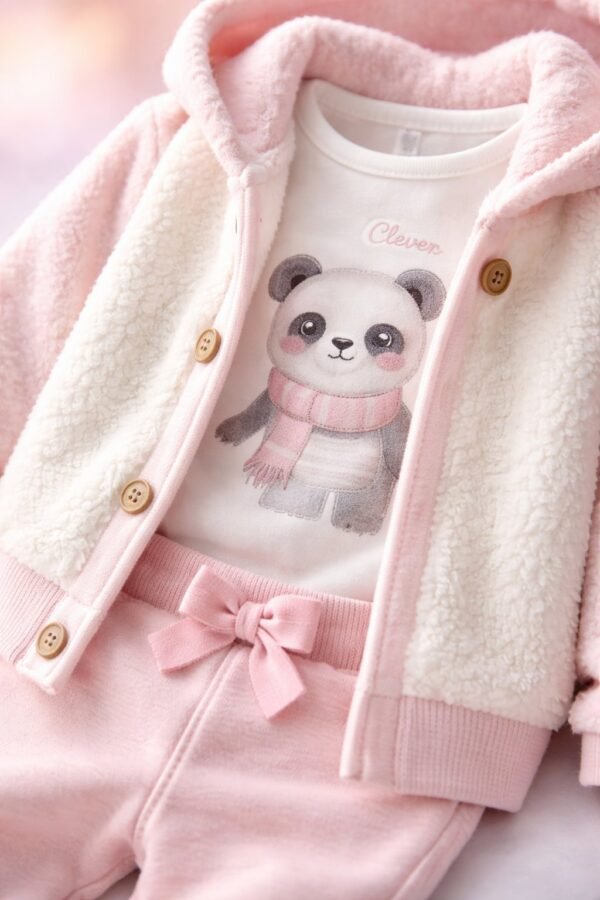 Kız Bebek Peluş Takım Kapşonlu Hırka ve Sweat Pantolon Pembe Renkli - Gorsel 3