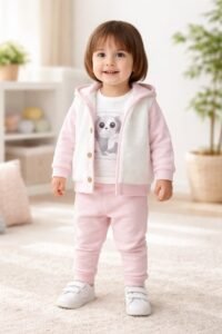 Kız Bebek Peluş - Kağşonlu-düğmeli Hırka-panda Baskılı-sweat-pantolon Takım