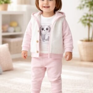 Kız Bebek Peluş - Kaşonlu Düğmeli Hırka Panda Baskılı Sweat Pantolon Takım