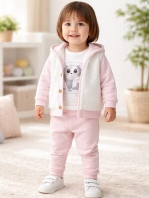 Kız Bebek Peluş Takım Kapşonlu Hırka ve Sweat Pantolon Pembe Renkli