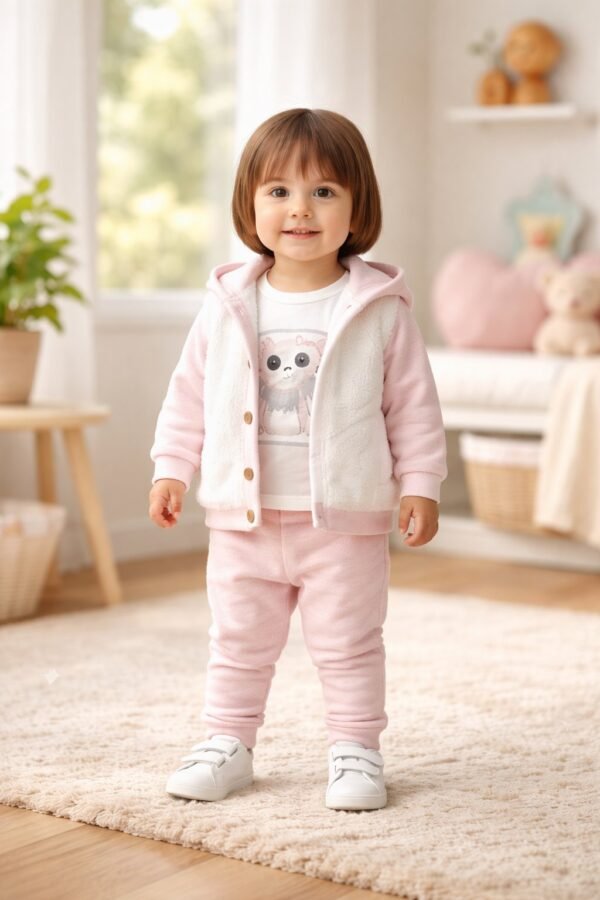 Kız Bebek Peluş Takım Kapşonlu Hırka ve Sweat Pantolon Pembe Renkli - Gorsel 2