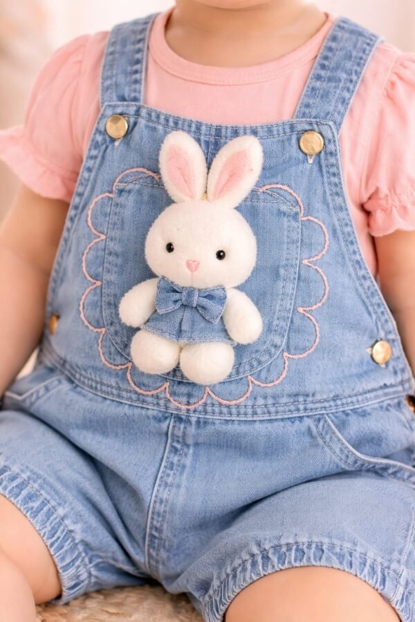 Kız Bebek Tavşan Detaylı Kısa Kollu Kot Tişört ve Bahçıvan Tulum rahat bebek giyim - Gorsel 3