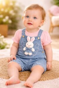 Kız Bebek Tavşan Detaylı Kısa Kol Tişörtlü Kot Bahçıvan