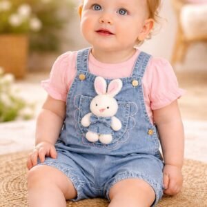Kız Bebek Tavşan Detaylı Kısa Kollu Kot Tişört ve Bahçıvan Tulum