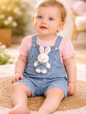 Kız Bebek Tavşan Detaylı Kısa Kollu Kot Tişört ve Bahçıvan Tulum rahat bebek giyim