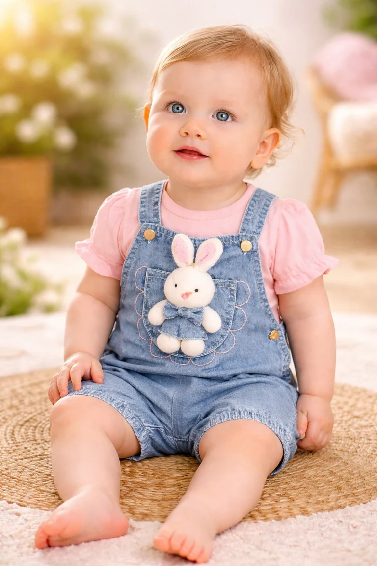 Kız Bebek Tavşan Detaylı Kısa Kol Tişörtlü Kot Bahçıvan