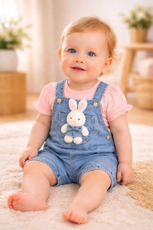Kız Bebek Tavşan Detaylı Kısa Kollu Kot Tişört ve Bahçıvan Tulum rahat bebek giyim - Gorsel 2