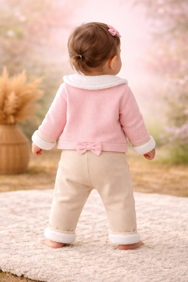 Krem Renkli Kız Bebek Takımı Wafle Kumaş Cep Detaylı 3 Parça - Gorsel 4