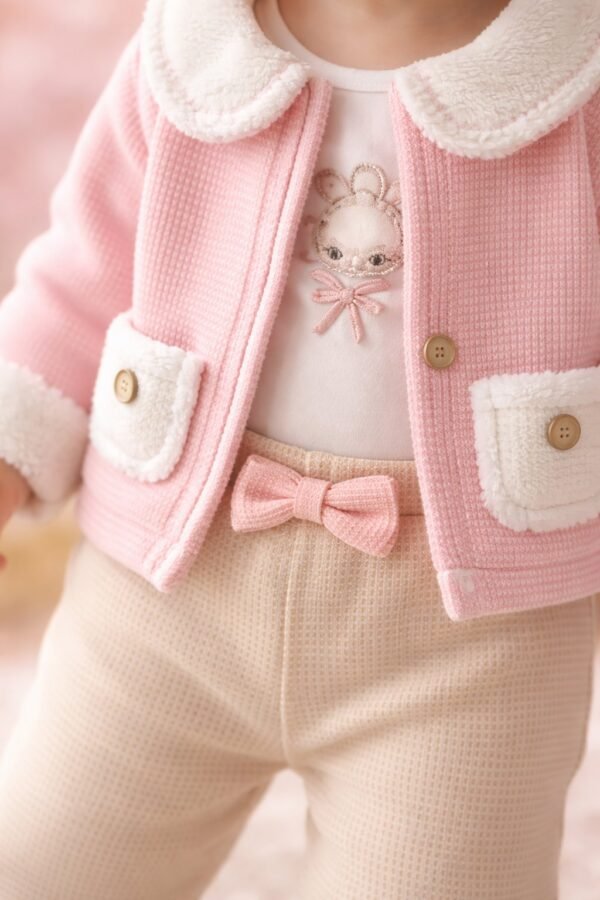 Krem Renkli Kız Bebek Takımı Wafle Kumaş Cep Detaylı 3 Parça - Gorsel 3