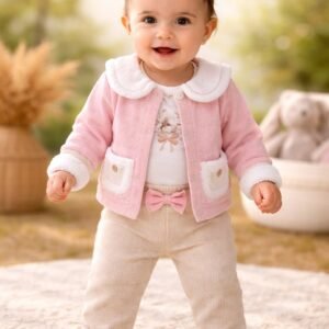 Kız Bebek Wafle Kumaş Cep Detaylı 3 Parça Ceket Takımı