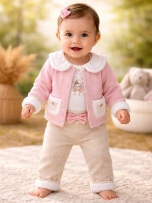 Krem Renkli Kız Bebek Takımı Wafle Kumaş Cep Detaylı 3 Parça