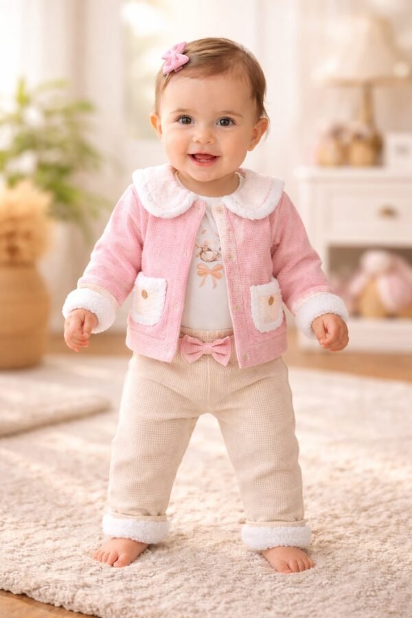 Krem Renkli Kız Bebek Takımı Wafle Kumaş Cep Detaylı 3 Parça - Gorsel 2