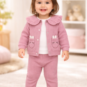 Kız Bebek Waflle Kumaşlı Fırfır Yakalı Zıbınlı 3'lü Takım, Bebek Giyim, Rahat ve Şık