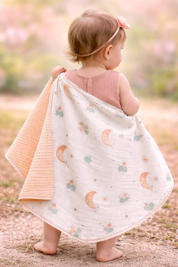 Kız Bebek Yıldız ve Ay Baskılı Çift Taraflı Müslin Battaniye, Krem Renkli, 0-24 Ay - Gorsel 4