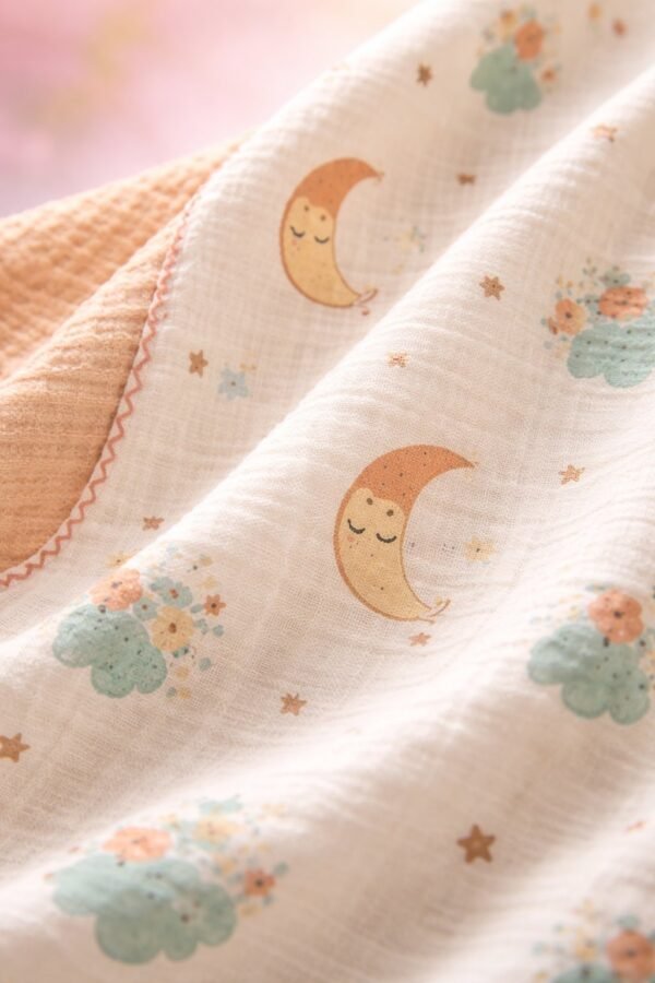 Kız Bebek Yıldız ve Ay Baskılı Çift Taraflı Müslin Battaniye, Krem Renkli, 0-24 Ay - Gorsel 3