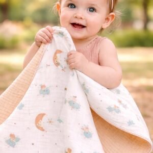 Kiz Bebek Yildiz Ve Ay Baskili Cift Tarafli Muslin Battaniye