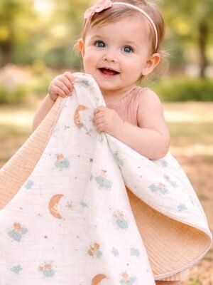 Kız Bebek Yıldız ve Ay Baskılı Çift Taraflı Müslin Battaniye, Krem Renkli, 0-24 Ay