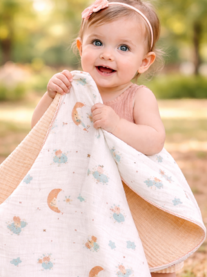 Kız Bebek Yıldız ve Ay Baskılı Çift Taraflı Müslin Battaniye, Krem Renkli, 0-24 Ay