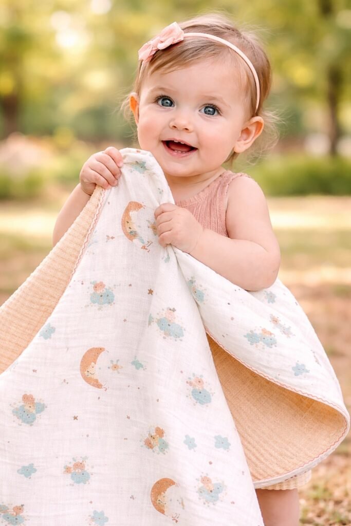 Kız Bebek Yıldız ve Ay Baskılı Çift Taraflı Müslin Battaniye, Krem Renkli, 0-24 Ay