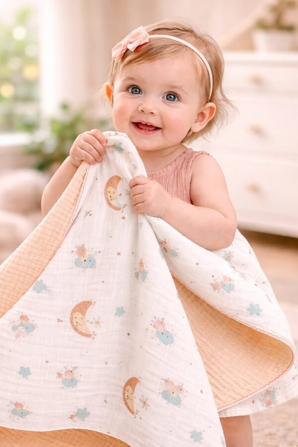 Kız Bebek Yıldız ve Ay Baskılı Çift Taraflı Müslin Battaniye, Krem Renkli, 0-24 Ay - Gorsel 2