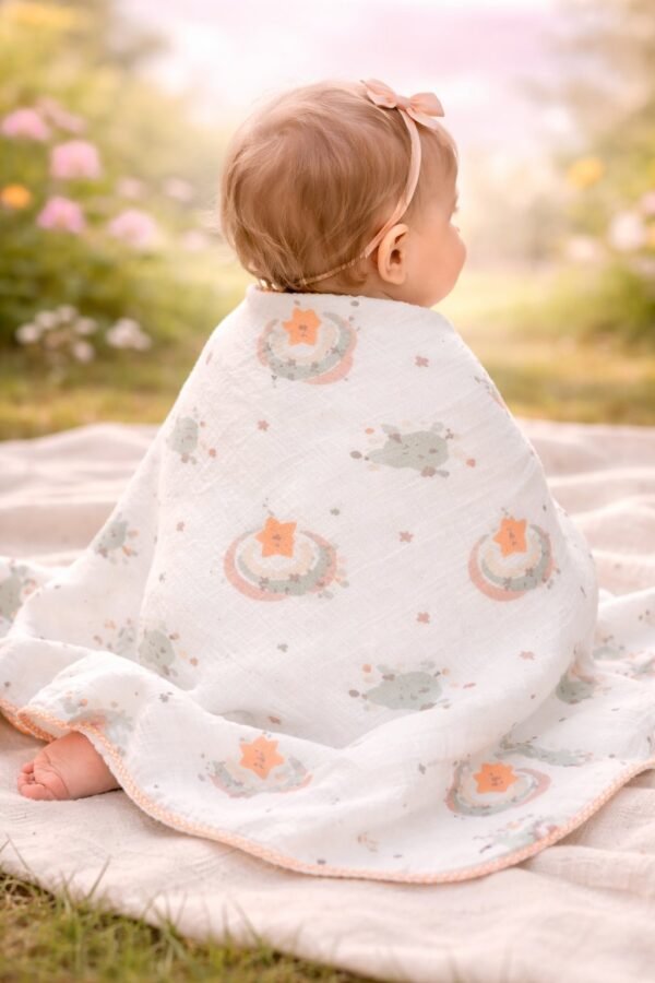 Kız Bebek Yıldız ve Gökkuşağı Desenli Müslin Battaniye, bebek battaniyesi, yumuşak ve hafif - Gorsel 4