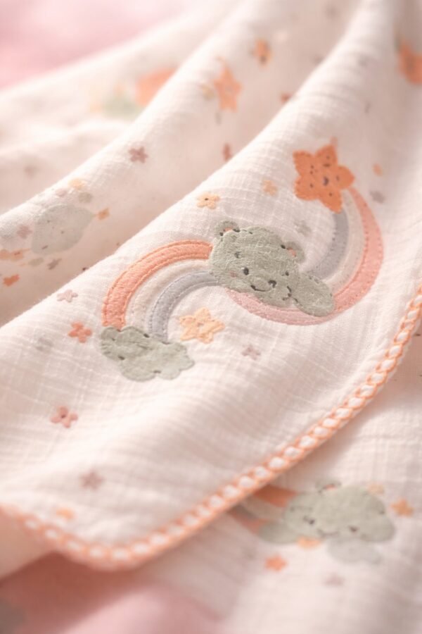 Kız Bebek Yıldız ve Gökkuşağı Desenli Müslin Battaniye, bebek battaniyesi, yumuşak ve hafif - Gorsel 3