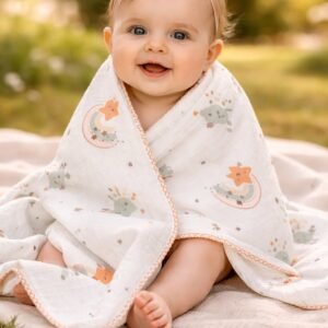 Kız Bebek Yıldız ve Gökkuşağı Desenli Müslin Battaniye, bebek battaniyesi, yumuşak ve hafif