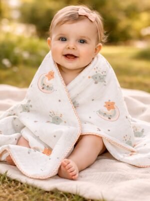 Kız Bebek Yıldız ve Gökkuşağı Desenli Müslin Battaniye, bebek battaniyesi, yumuşak ve hafif