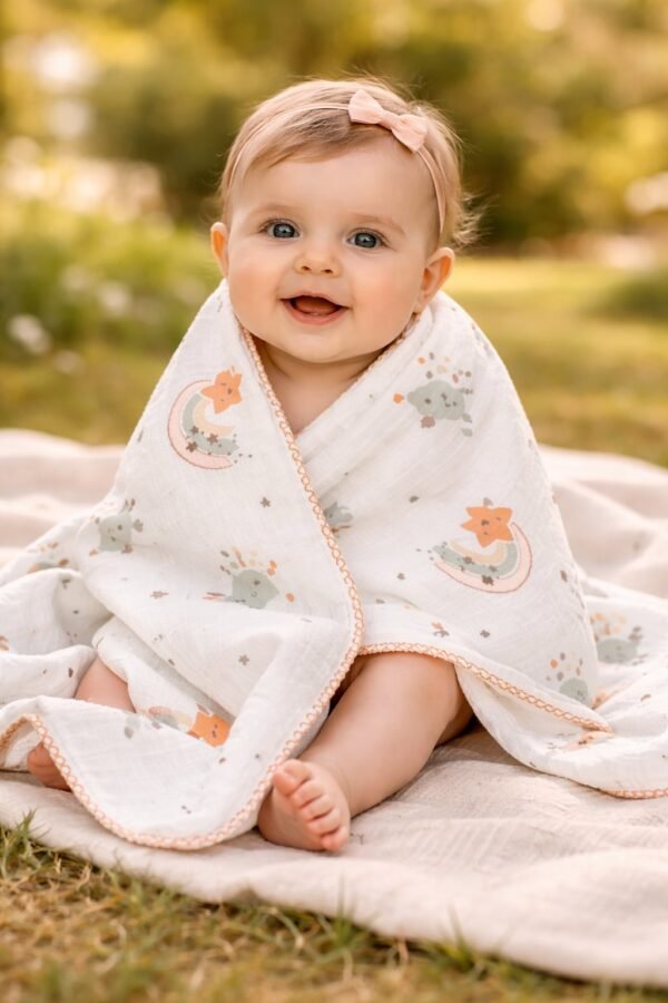 Kız Bebek Yıldız ve Gökkuşağı Desenli Müslin Battaniye, bebek battaniyesi, yumuşak ve hafif