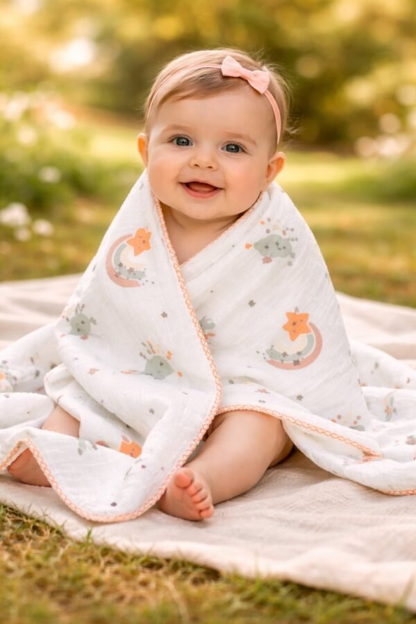 Kız Bebek Yıldız ve Gökkuşağı Desenli Müslin Battaniye, bebek battaniyesi, yumuşak ve hafif - Gorsel 2