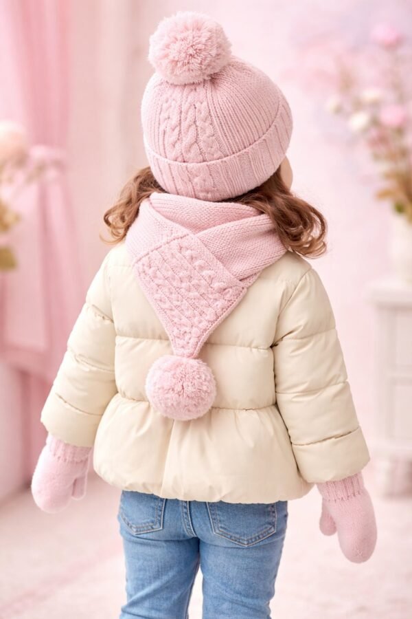 Yünlü Bebek Atkı Bere Eldiven Seti Pembe Renkli ve 1-4 Yaş Güvenilir - Gorsel 4