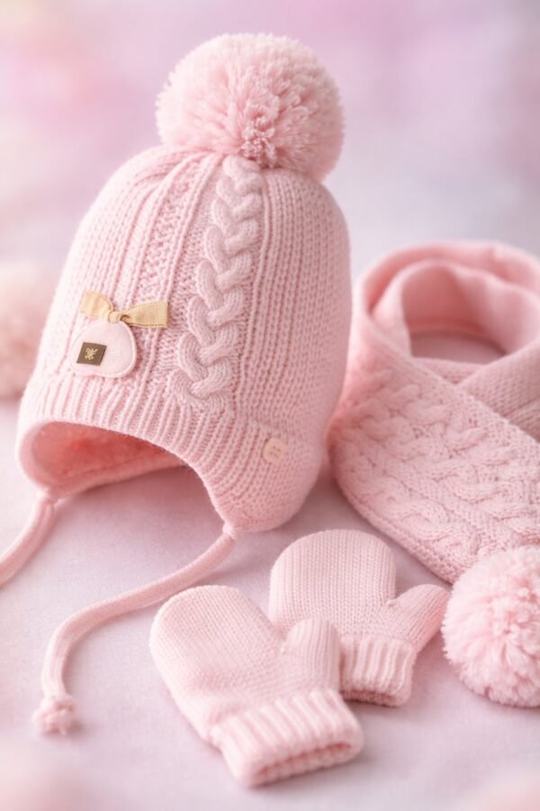 Yünlü Bebek Atkı Bere Eldiven Seti Pembe Renkli ve 1-4 Yaş Güvenilir - Gorsel 3