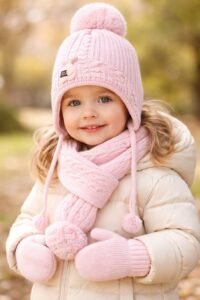 Kız Bebek Yünlü Atkı - Bere - Eldiven Seti Pembe Renk