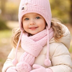 Kız Bebek Yünlü Atkı Bere Eldiven Seti Pembe Renk