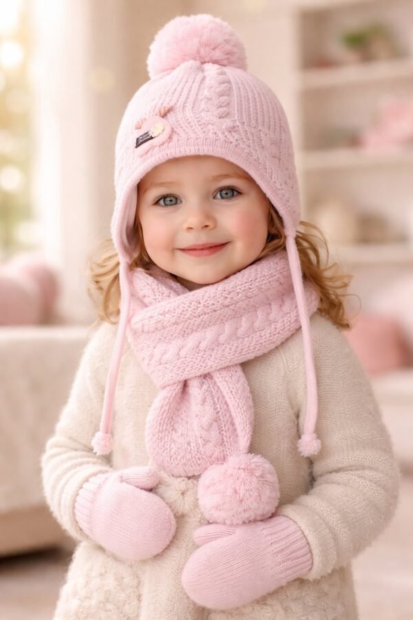Yünlü Bebek Atkı Bere Eldiven Seti Pembe Renkli ve 1-4 Yaş Güvenilir - Gorsel 2